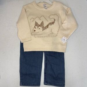 NWT Carter's Cream Puppy Knit Sweater and Jeans Size 12 Months. Nordic, set